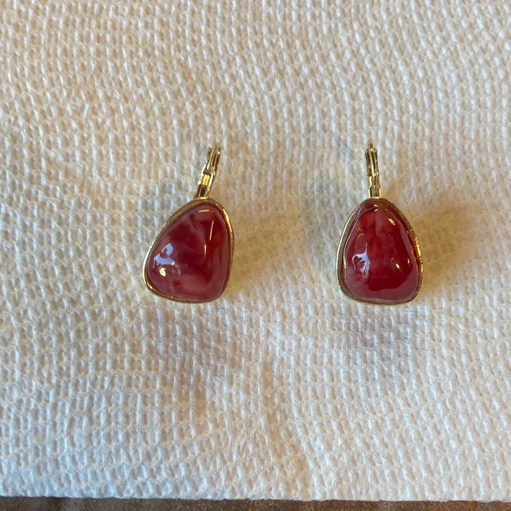 Gold and Red Gemstone Drop Earrings